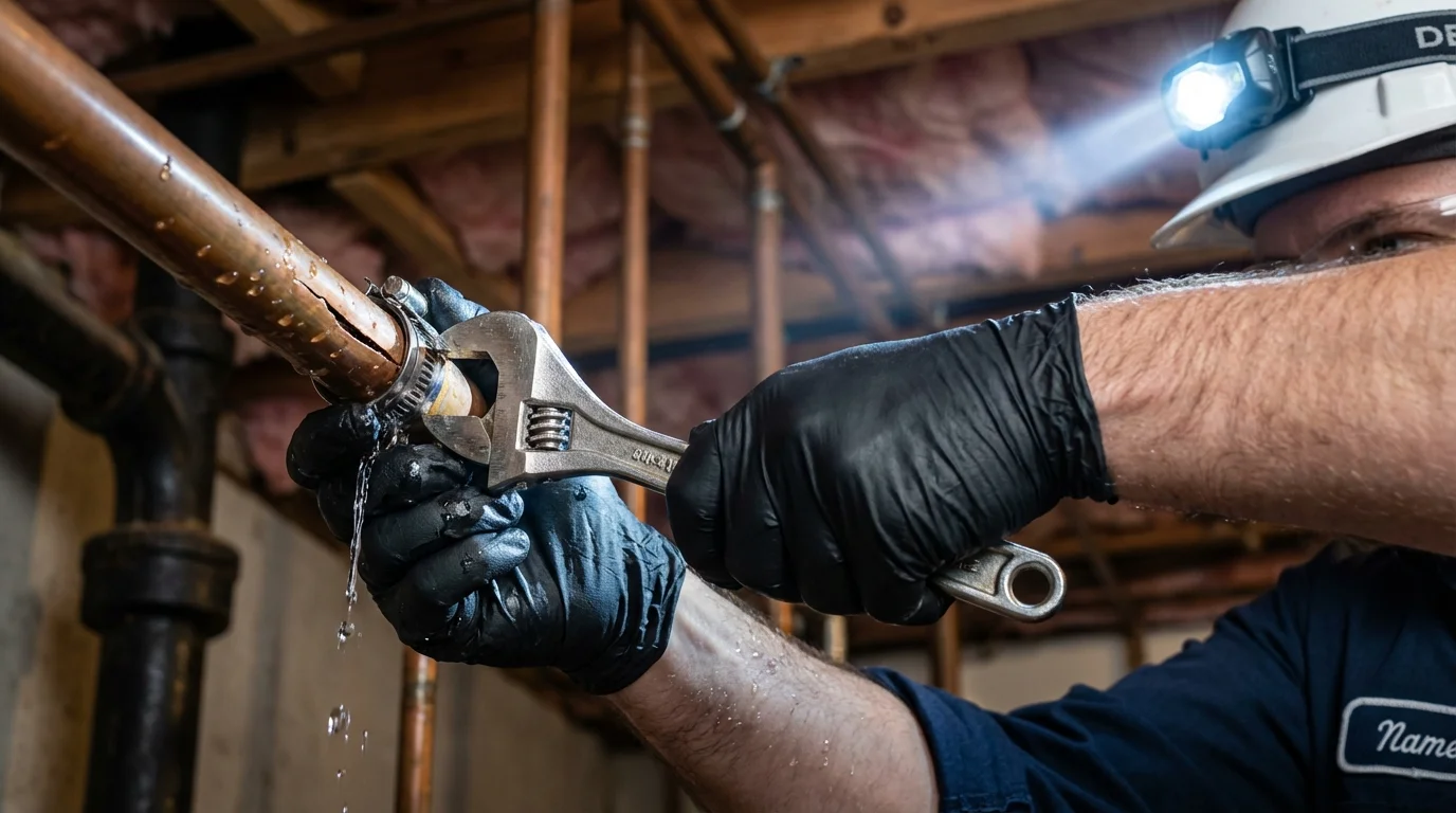 Emergency pipe clamp repair being performed by a Johns Plumbing LLC plumber in Elma