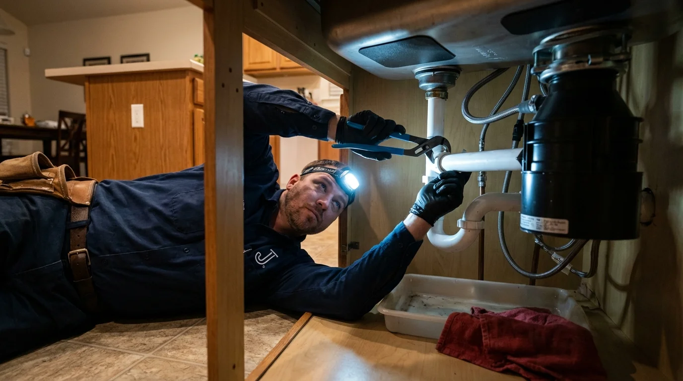P-trap and supply line connections under a kitchen sink showing a common leak point in Elma, WA